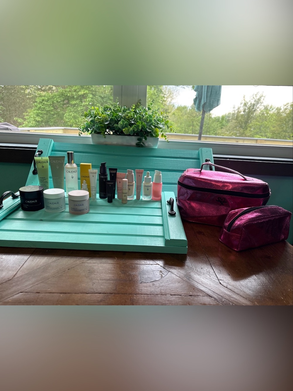 Caudalie Skincare Set with Pink Metallic Cosmetic Case